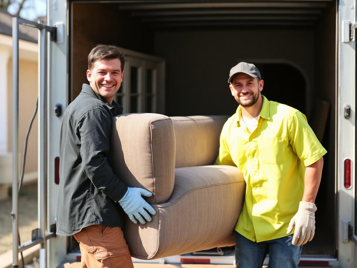 Two crew members carrying an old couch out to the trailer